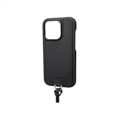Gramas iPhone 14 Pro 時尚工藝 吊繩皮革手機殼- Shrink (黑)